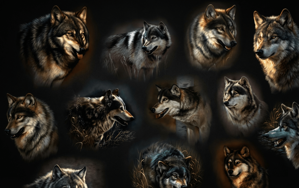 Realistic wolf heads, detailed, dramatic lighting